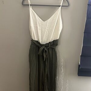 mi ami Cream and Olive Green Jumpsuit with Tie Waist, Sz L